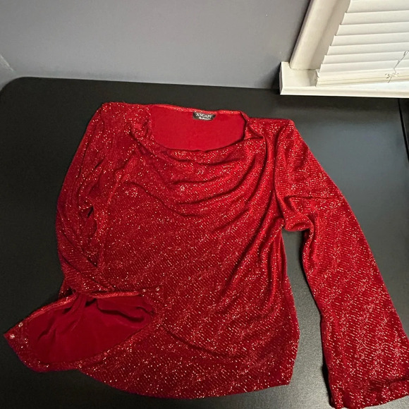 Joanna Chen Women's Medium Red Sparkle Cowl Neck Top Split Bell Sleeve Christmas - Picture 7 of 11